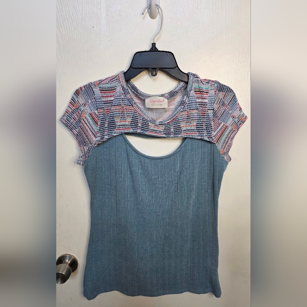 Sugarfox Blue Knit Keyhole Top